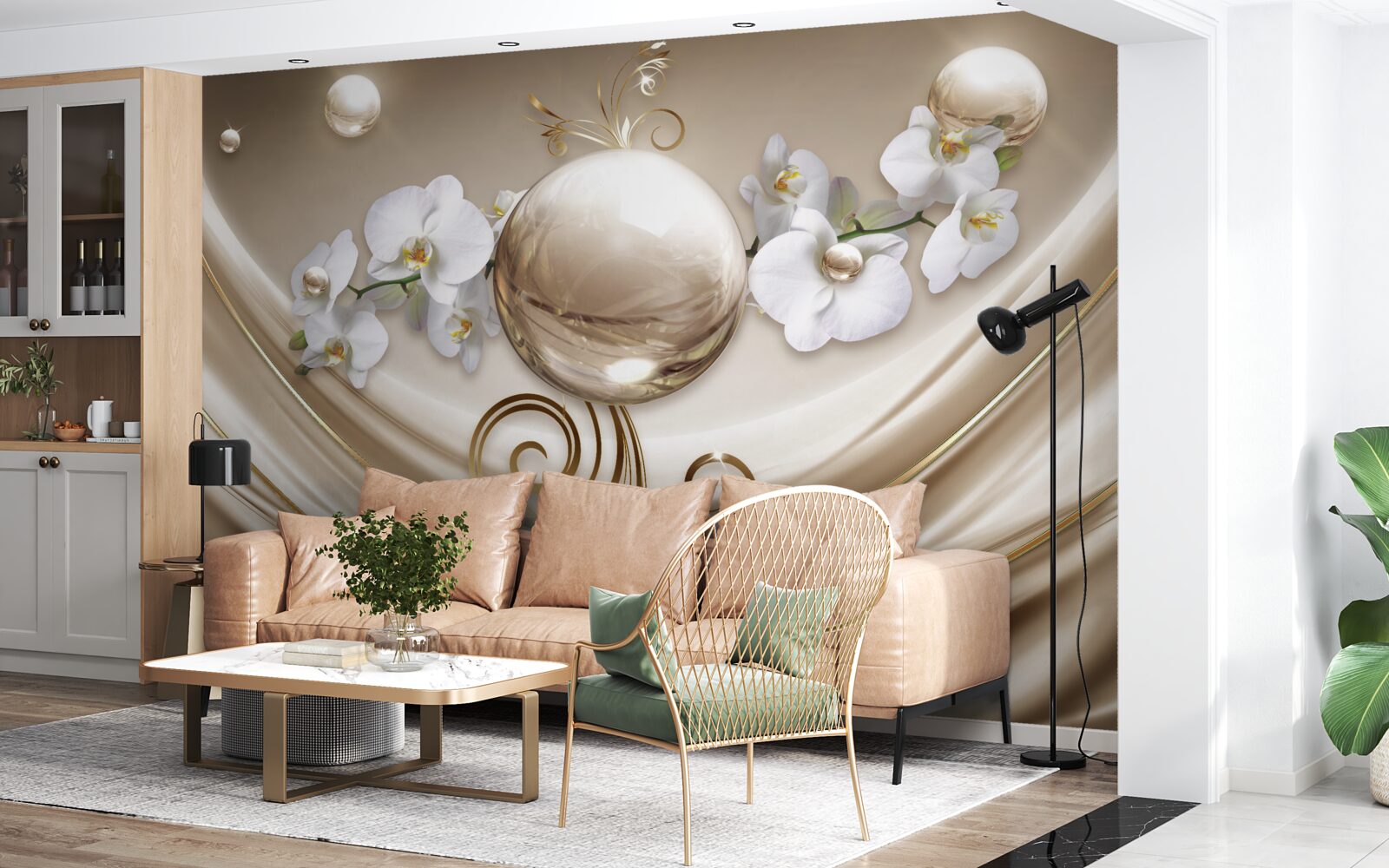 Fototapeta kula złotych i śnieżnobiałych orchidei