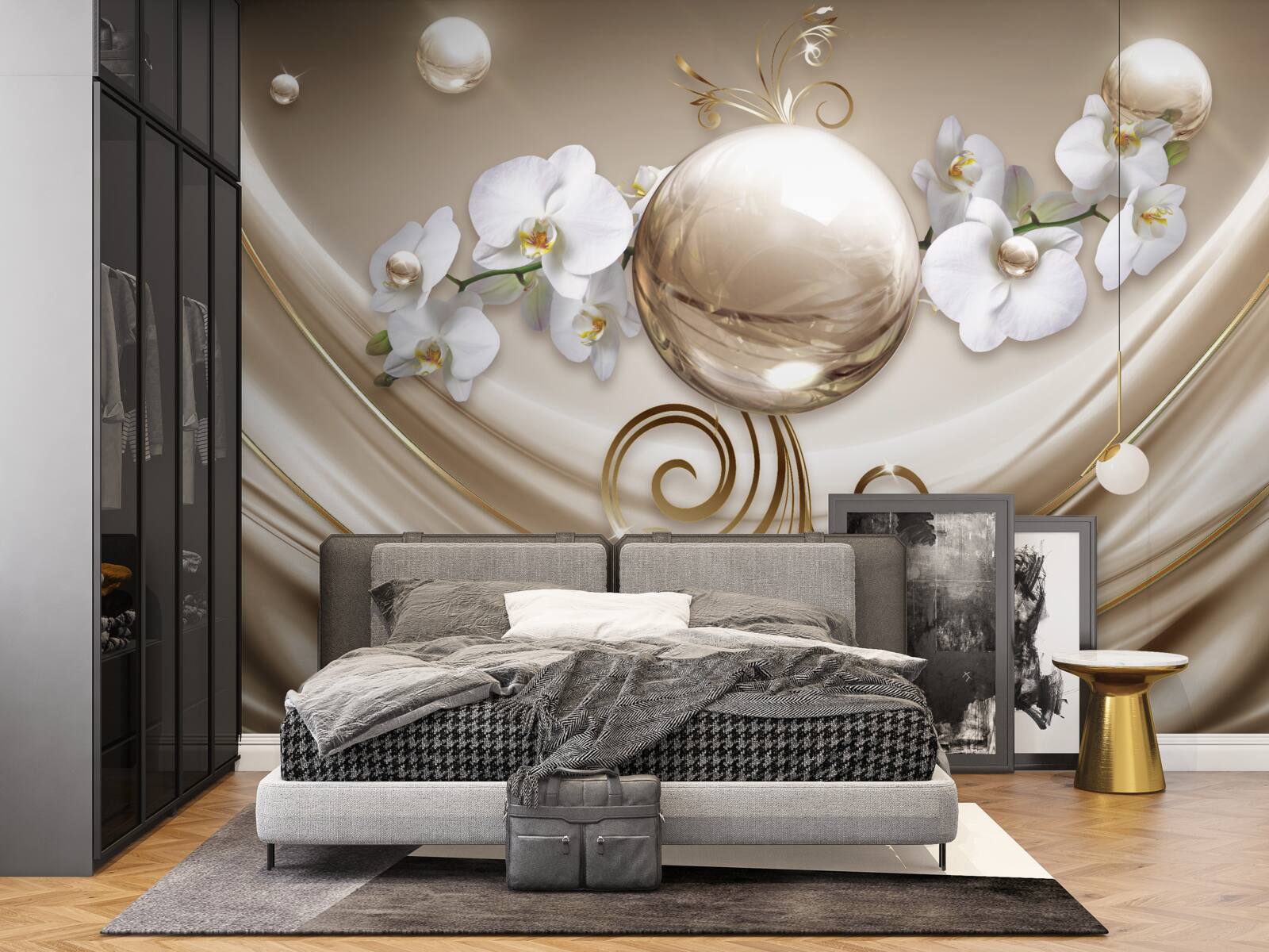 Fototapeta kula złotych i śnieżnobiałych orchidei