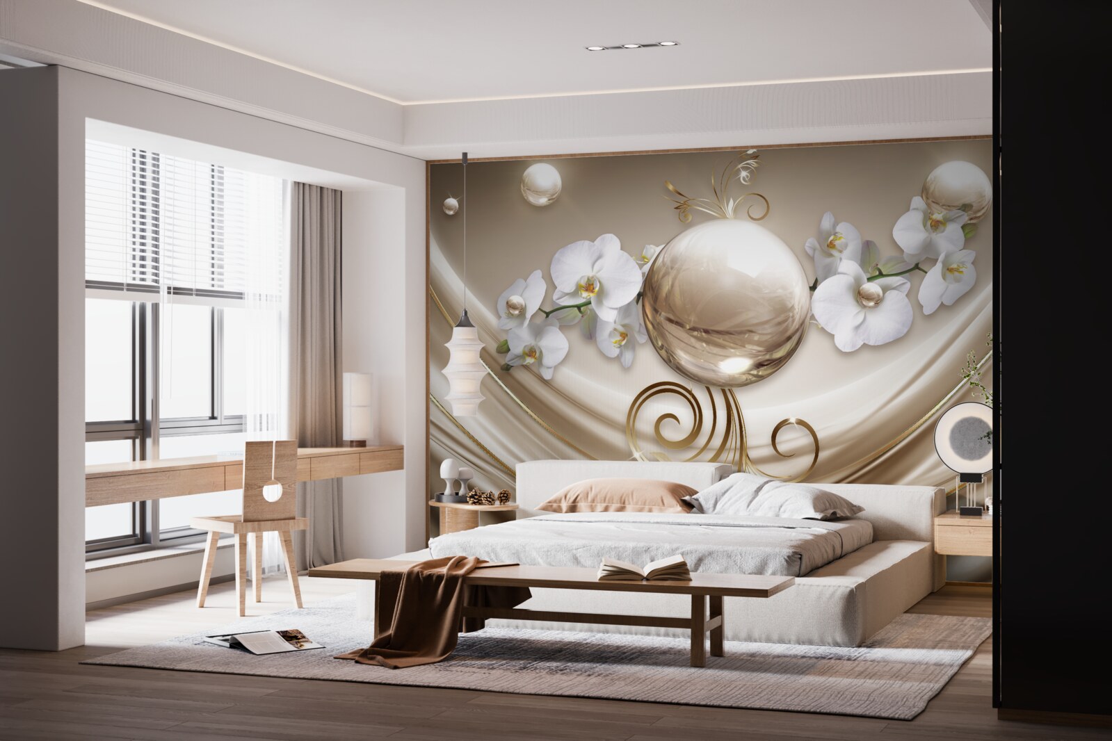 Fototapeta kula złotych i śnieżnobiałych orchidei