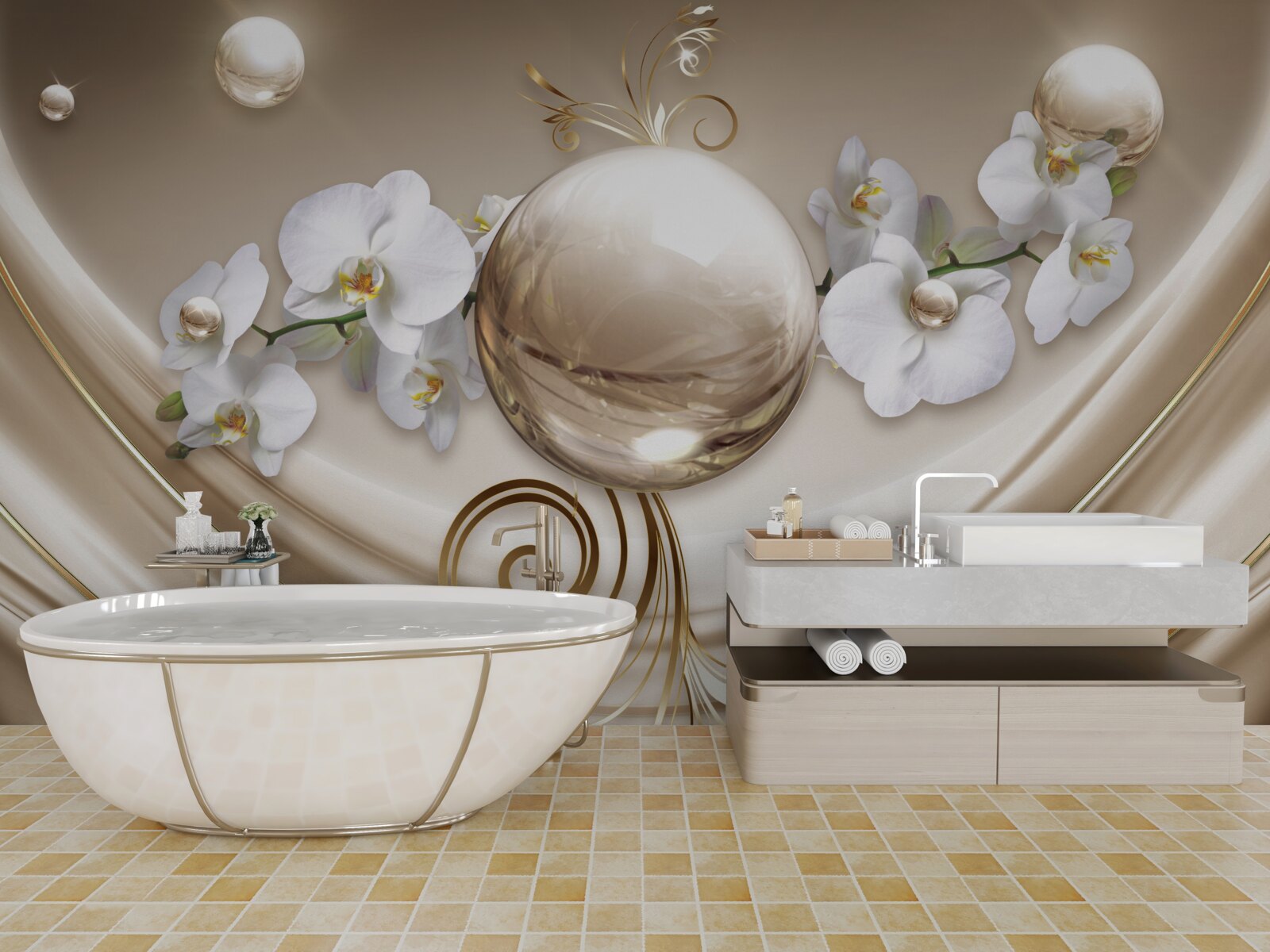 Fototapeta kula złotych i śnieżnobiałych orchidei