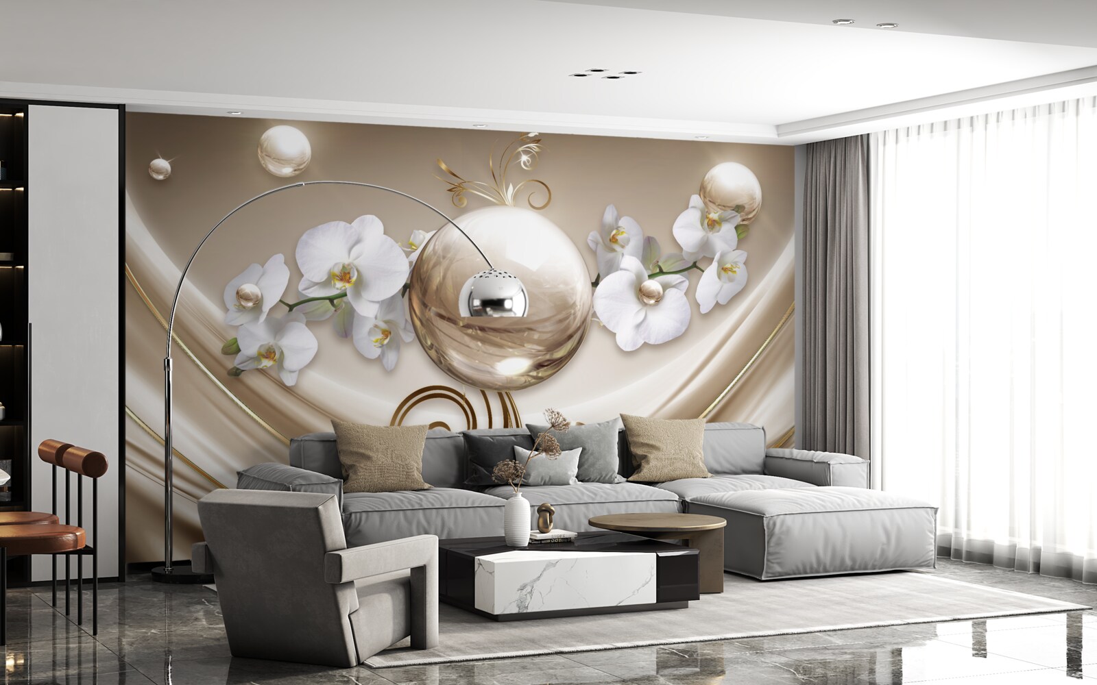 Fototapeta kula złotych i śnieżnobiałych orchidei