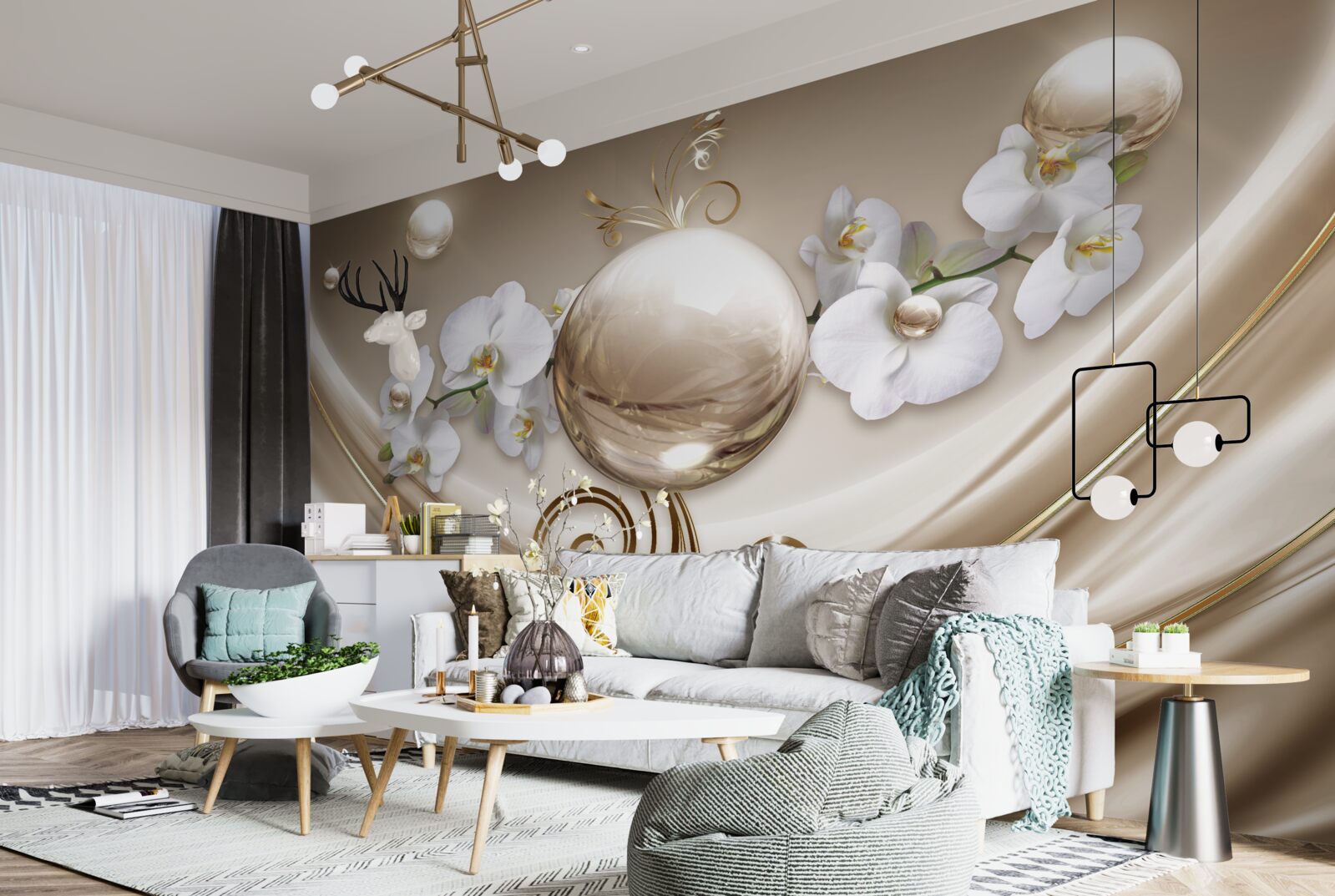 Fototapeta kula złotych i śnieżnobiałych orchidei
