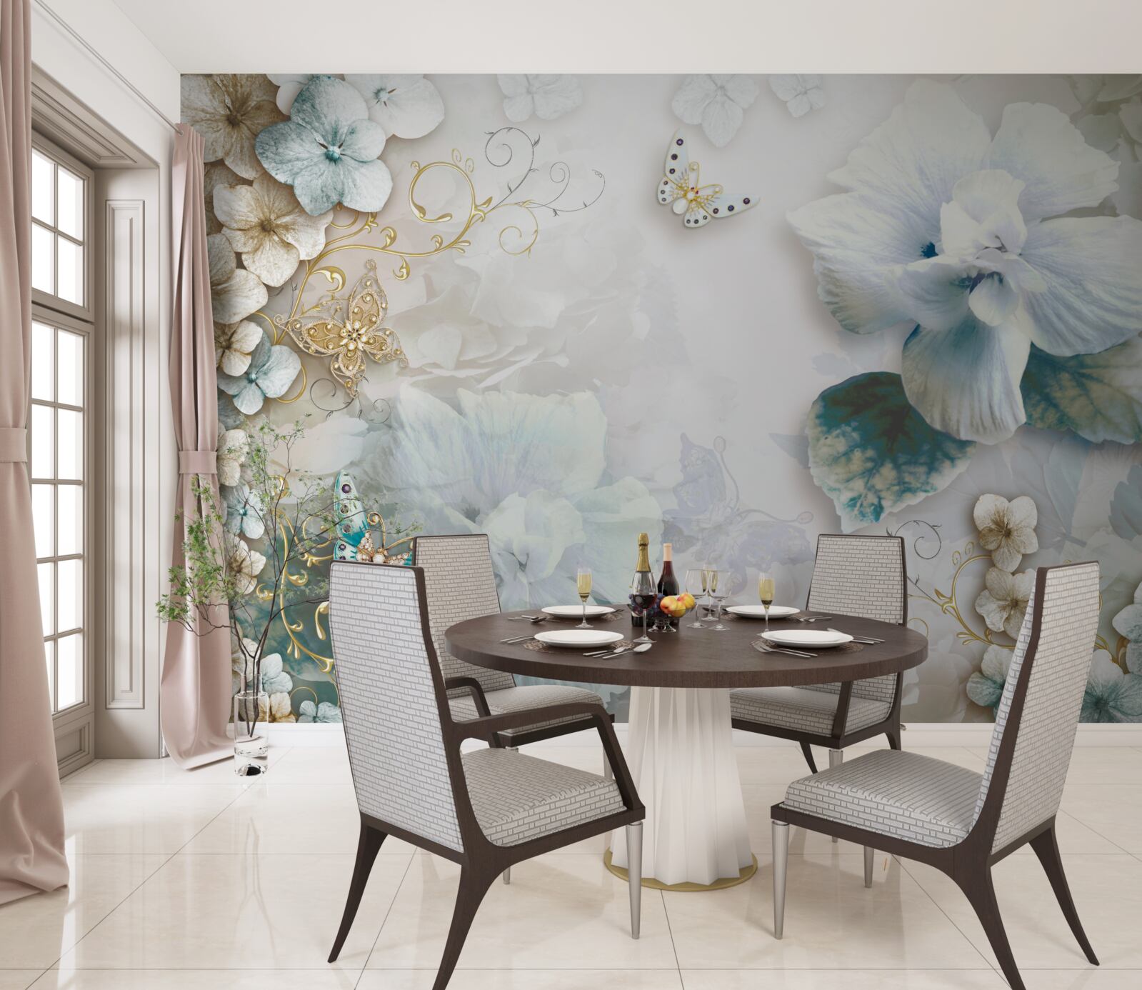 Fototapeta motyle i kwiaty w odcieniach turkusu