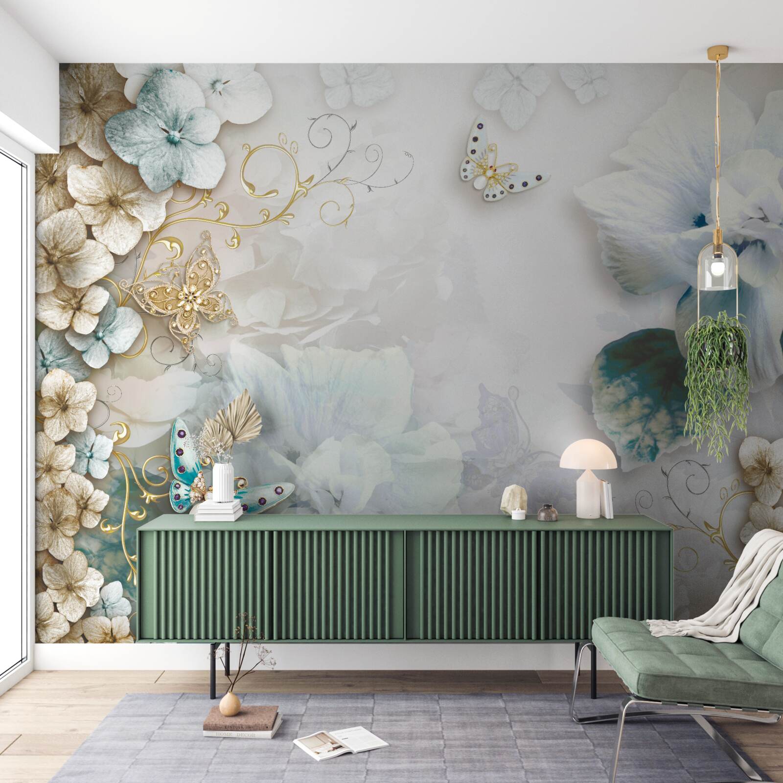 Fototapeta motyle i kwiaty w odcieniach turkusu