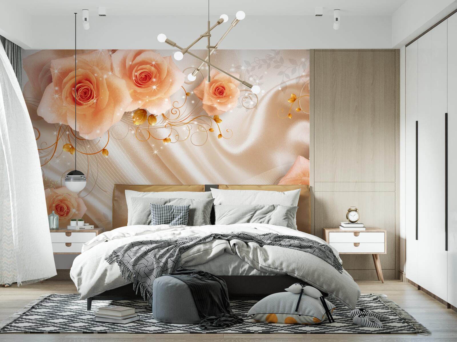 Fototapeta pomarańczowe róże na jedwabnej satynie