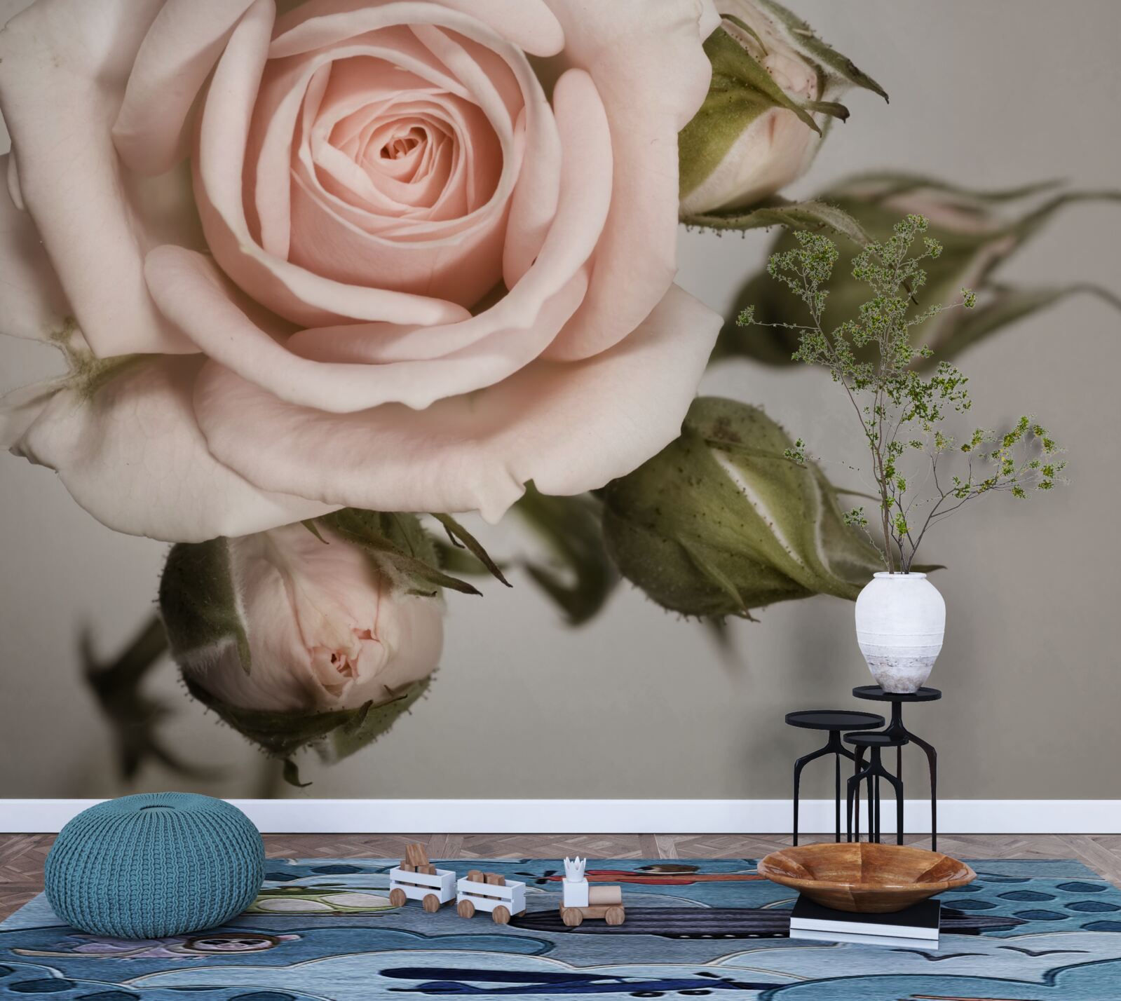 Fototapeta róża w odcieniu pudrowego różu i jego pąków kwiatowych