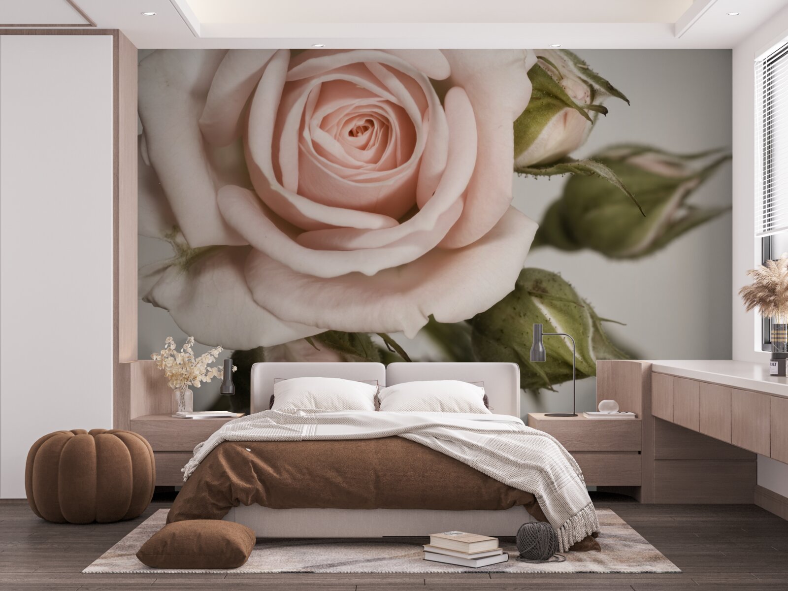Fototapeta róża w odcieniu pudrowego różu i jego pąków kwiatowych
