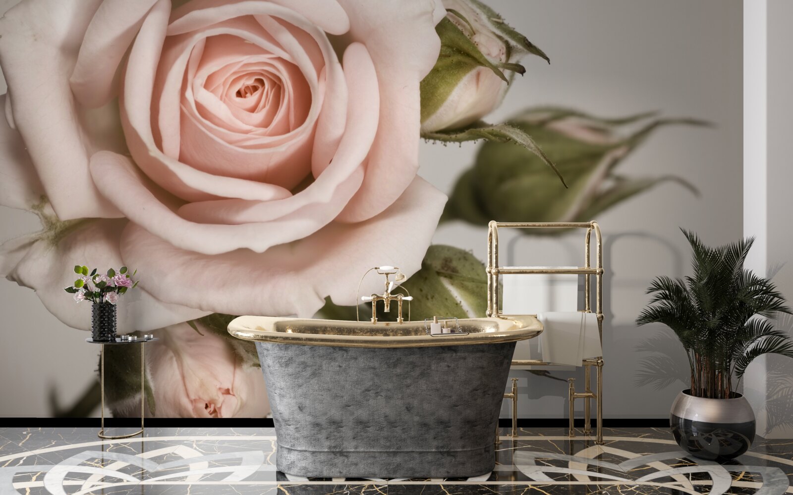 Fototapeta róża w odcieniu pudrowego różu i jego pąków kwiatowych