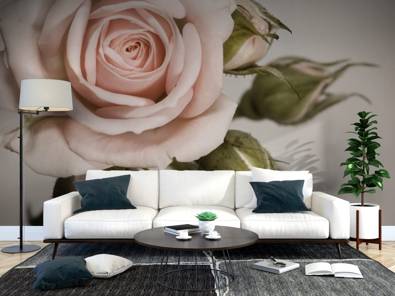 Fototapeta róża w odcieniu pudrowego różu i jego pąków kwiatowych