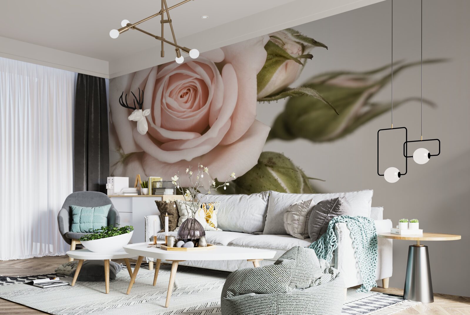 Fototapeta róża w odcieniu pudrowego różu i jego pąków kwiatowych