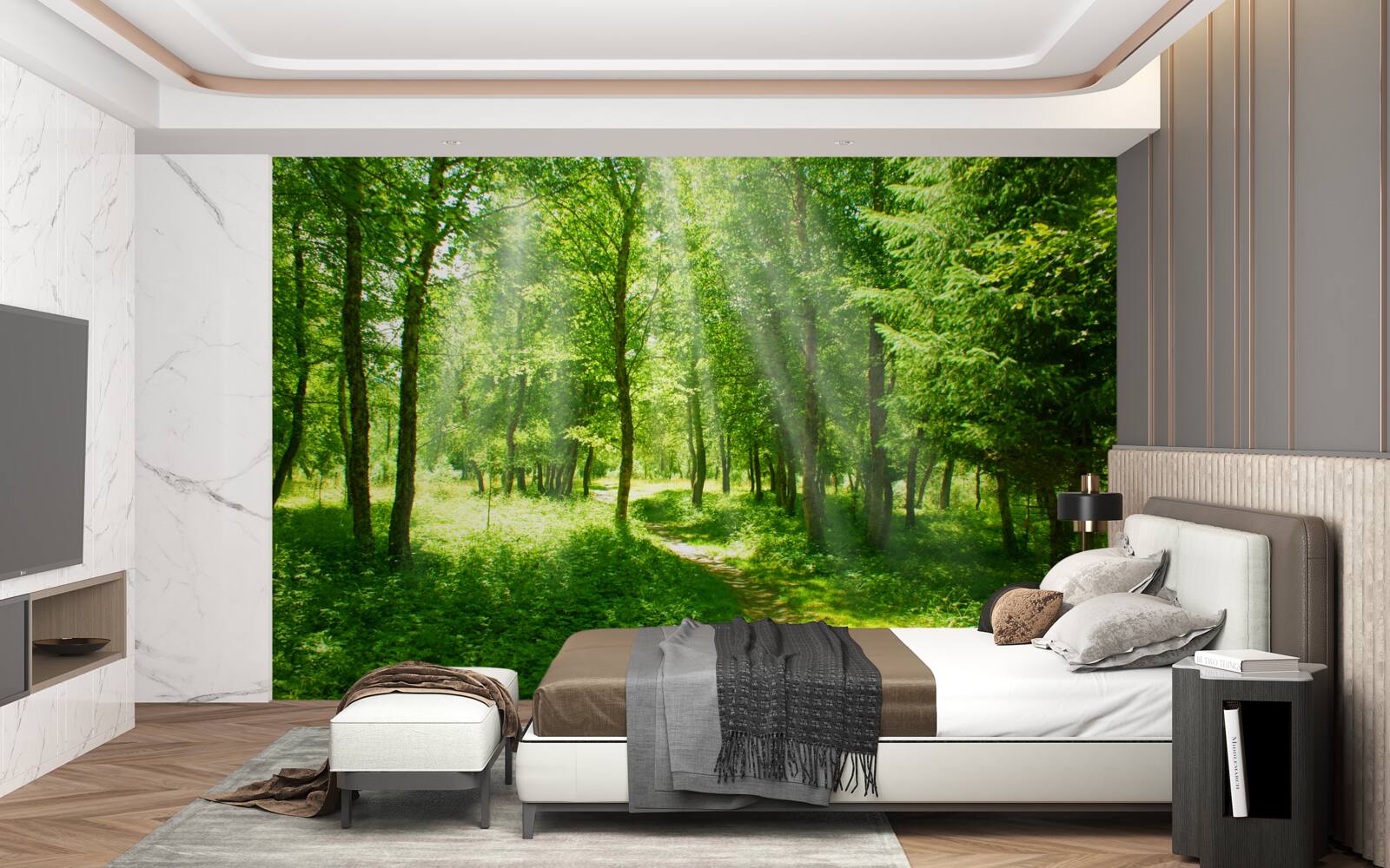 Fototapeta promienie słońca przenikają jasno przez korony leśnych drzew