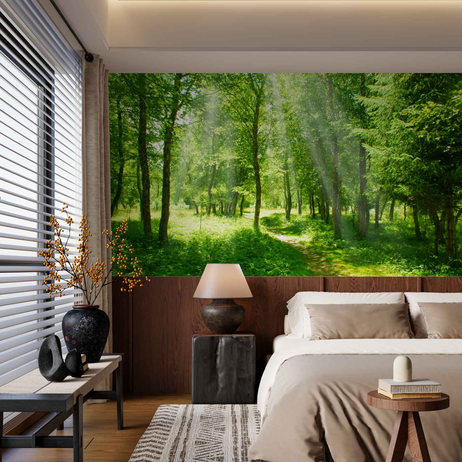 Fototapeta promienie słońca przenikają jasno przez korony leśnych drzew