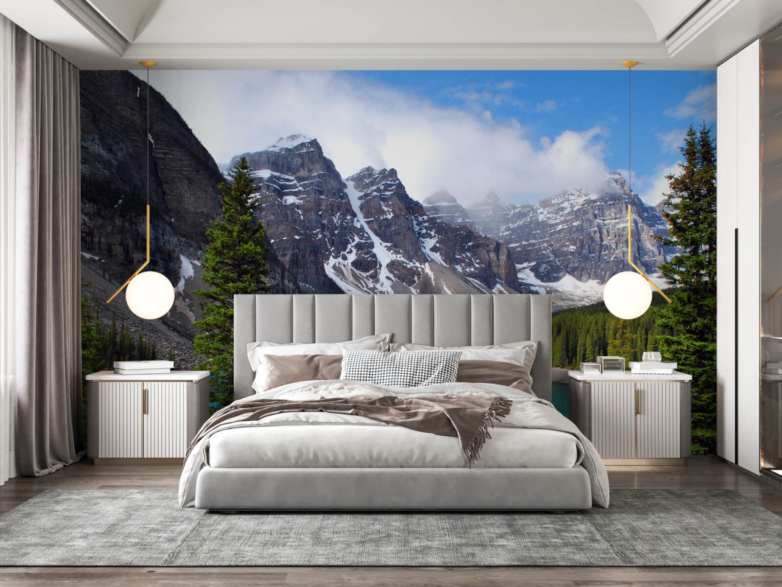 Fototapeta jezioro z błękitną wodą u podnóża szczytów górskich