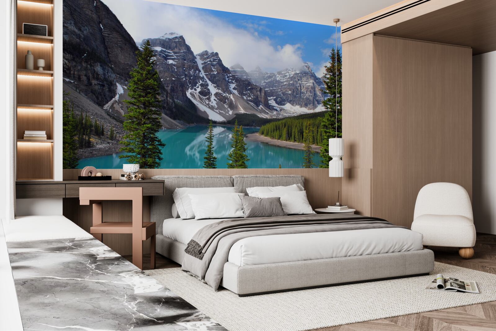 Fototapeta jezioro z błękitną wodą u podnóża szczytów górskich