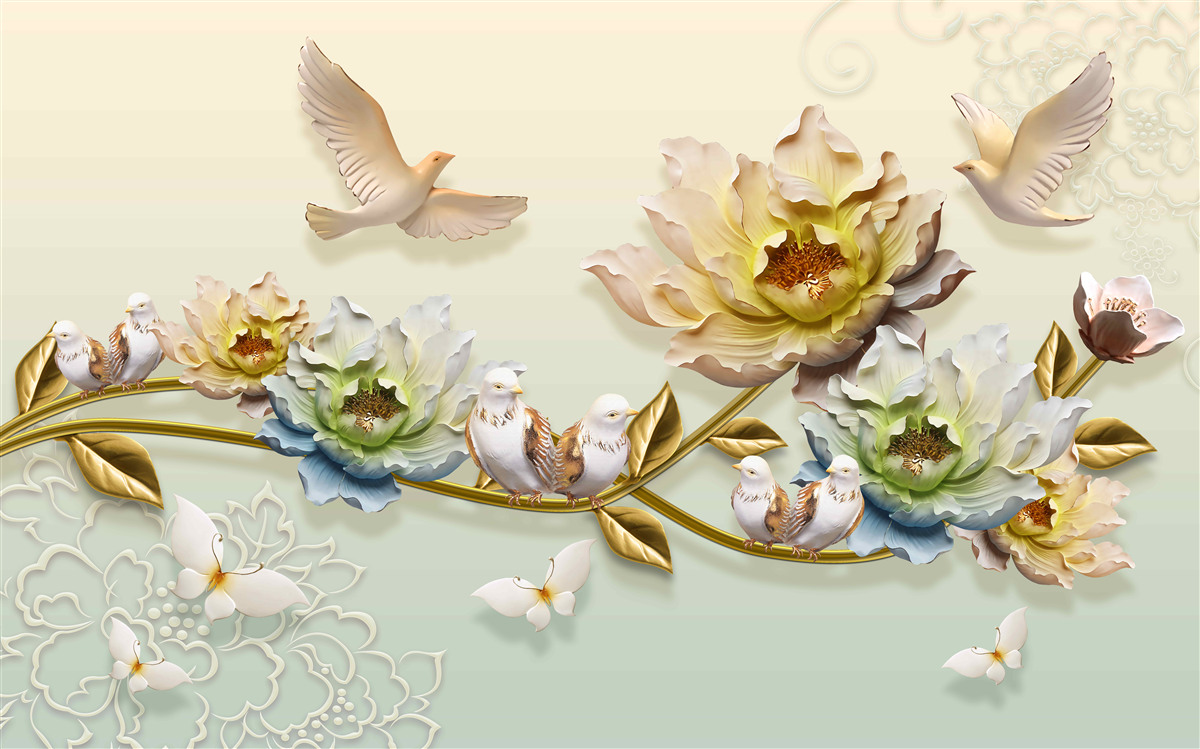 Fototapeta gałąź ozdobiona kwiatami, na niej gołębie