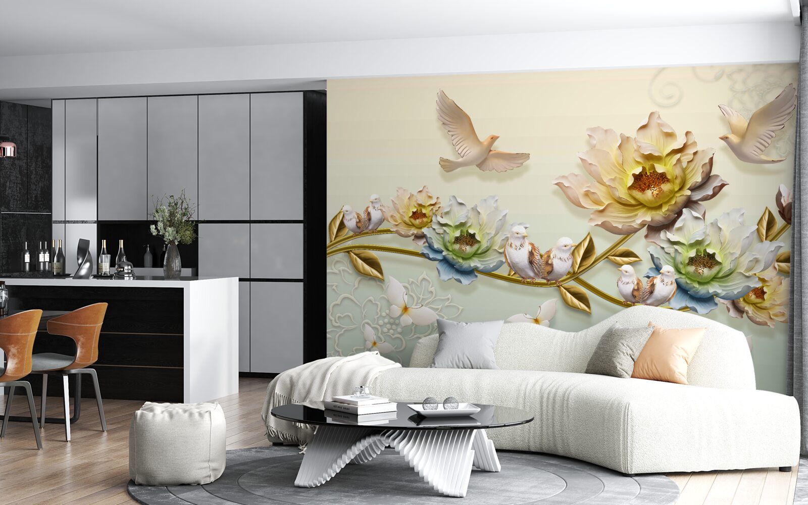 Fototapeta gałąź ozdobiona kwiatami, na niej gołębie