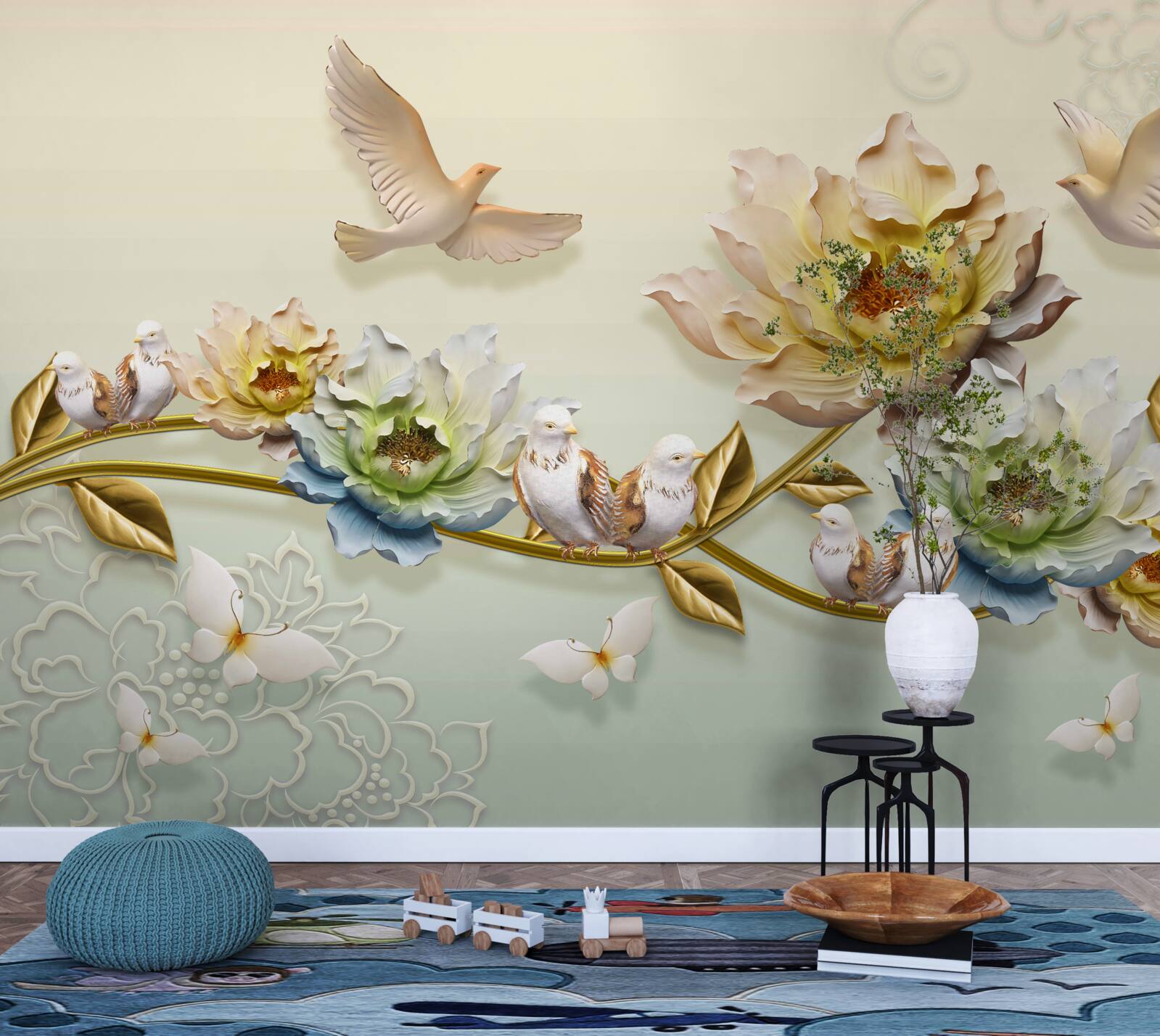 Fototapeta gałąź ozdobiona kwiatami, na niej gołębie