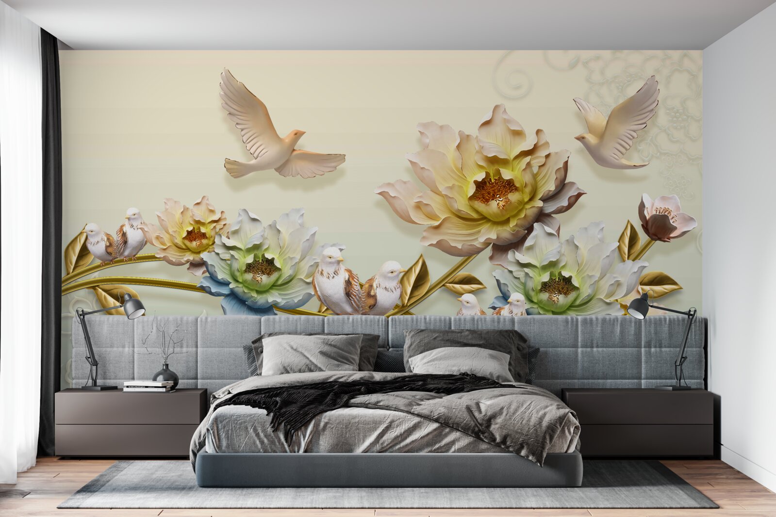 Fototapeta gałąź ozdobiona kwiatami, na niej gołębie