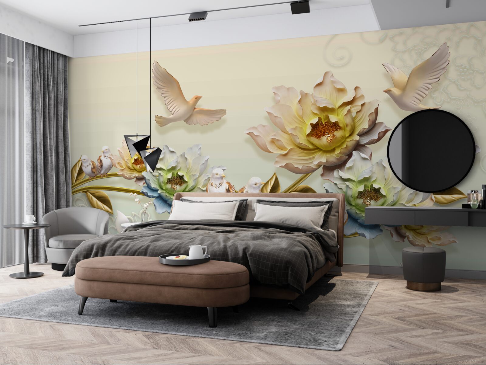 Fototapeta gałąź ozdobiona kwiatami, na niej gołębie