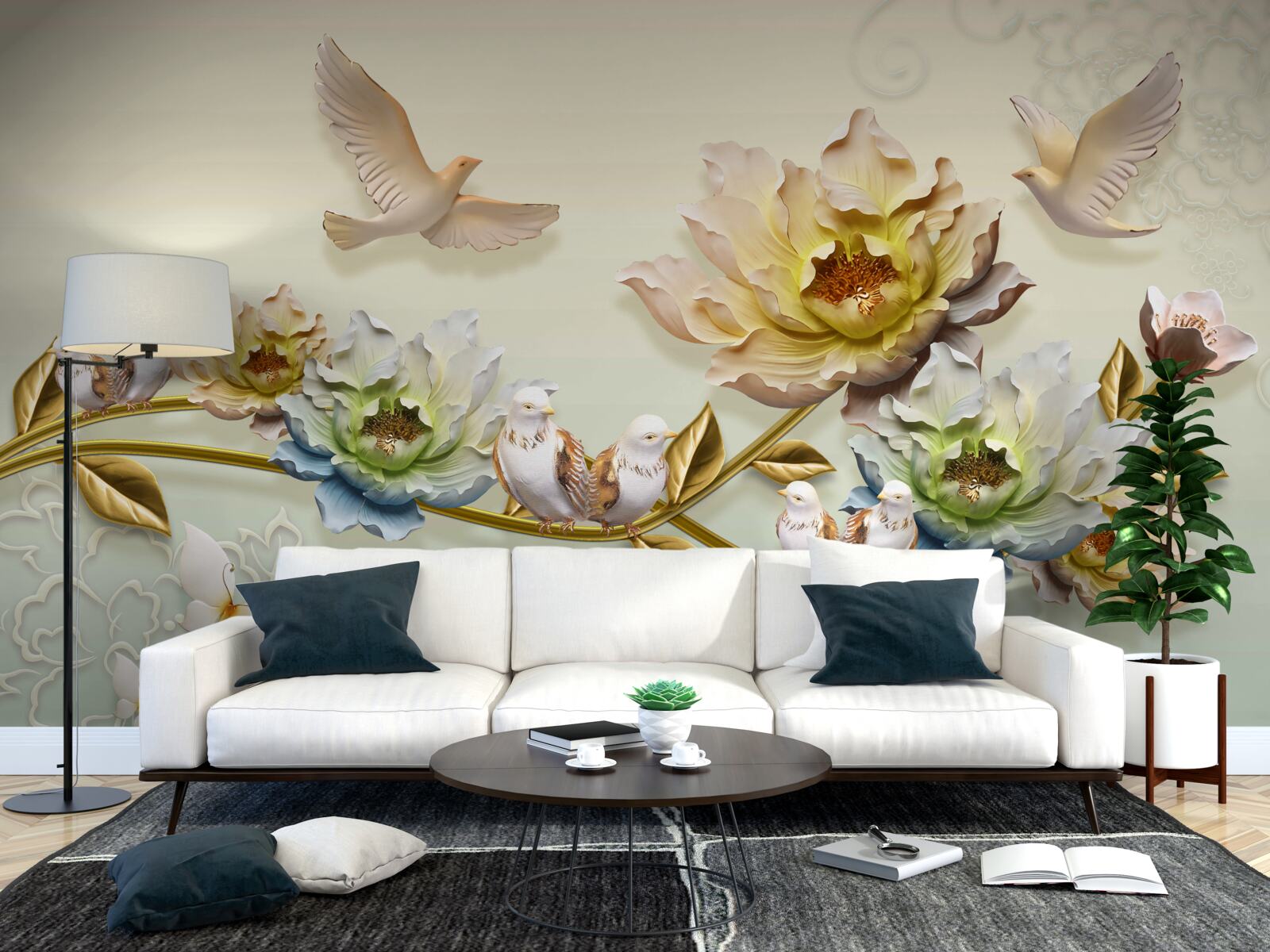 Fototapeta gałąź ozdobiona kwiatami, na niej gołębie