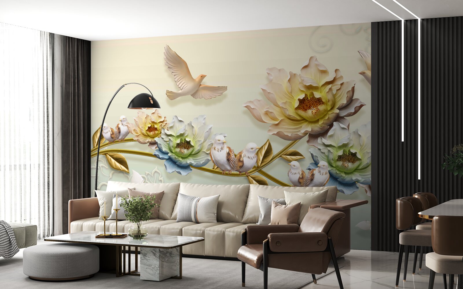 Fototapeta gałąź ozdobiona kwiatami, na niej gołębie