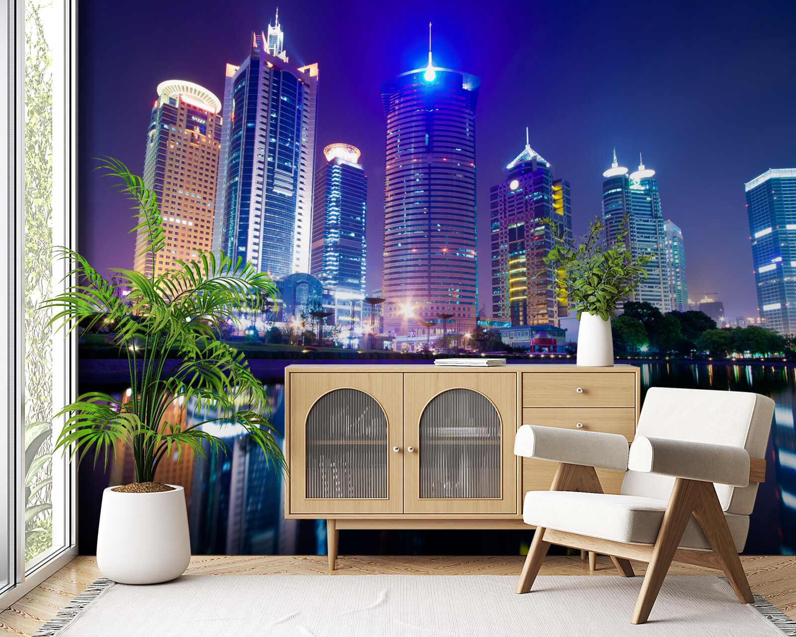 Fototapeta odbicia drapaczy chmur w nocy