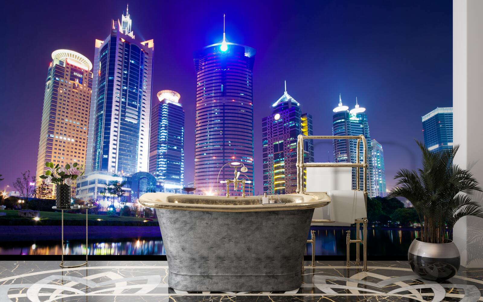 Fototapeta odbicia drapaczy chmur w nocy