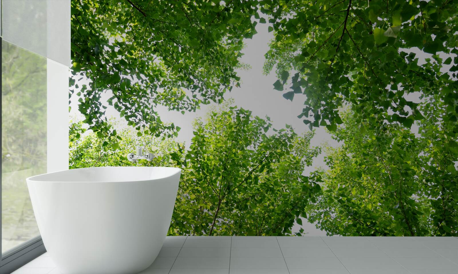 Fototapeta białe niebo podkreślone zielonymi liśćmi