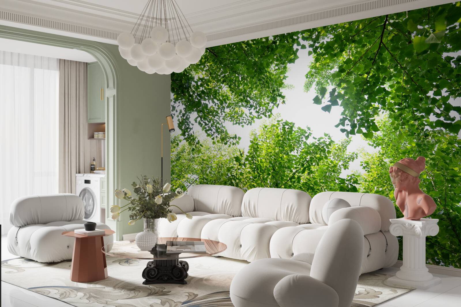 Fototapeta białe niebo podkreślone zielonymi liśćmi