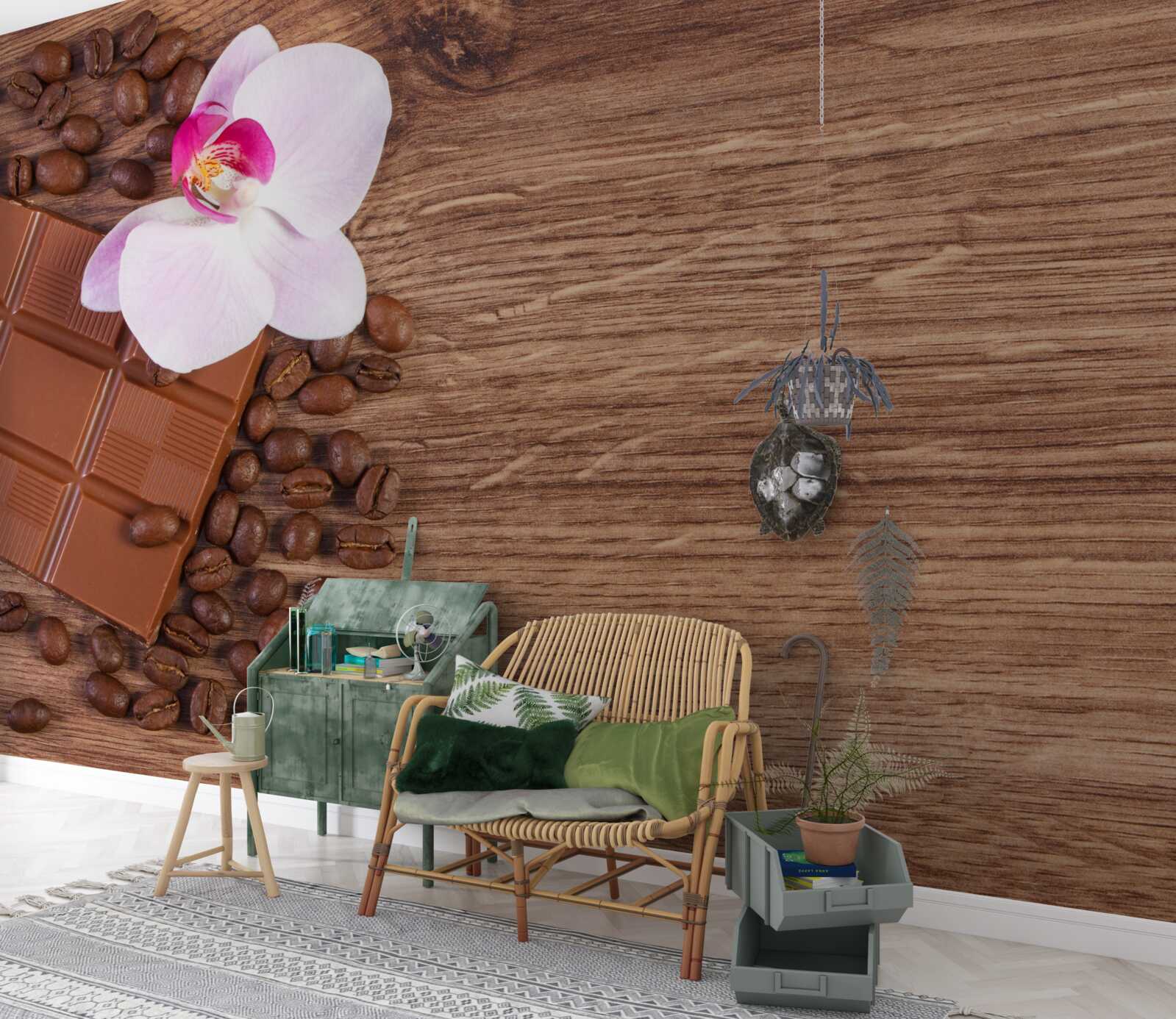 Fototapeta orchidea w śnieżnobiałym kolorze, zanurzona w kawie i czekoladzie