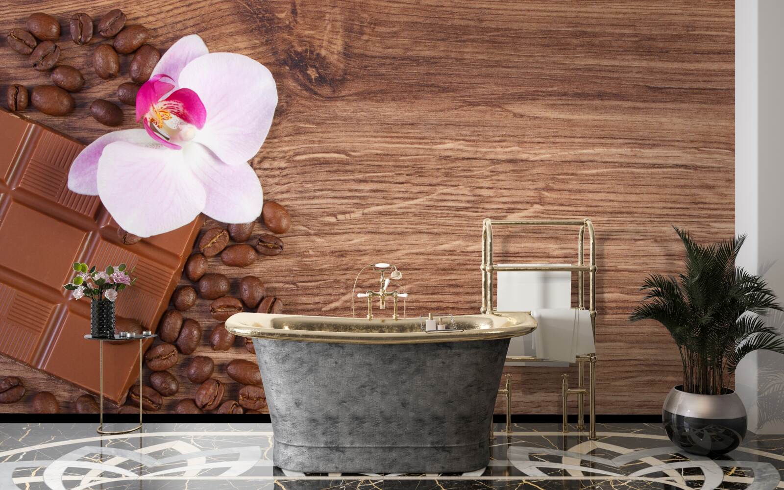 Fototapeta orchidea w śnieżnobiałym kolorze, zanurzona w kawie i czekoladzie