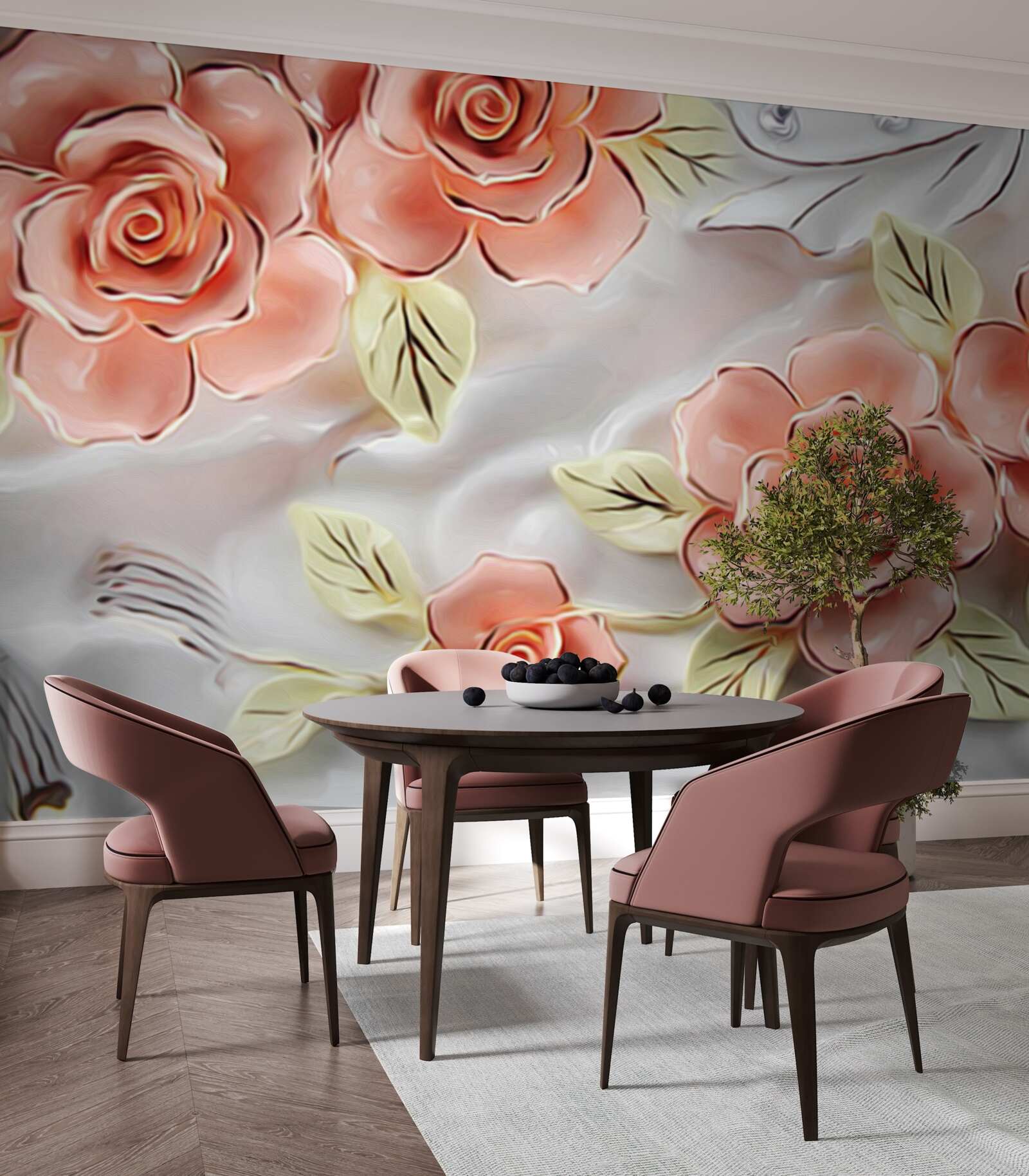 Fototapeta różowe róże z zielonymi liśćmi