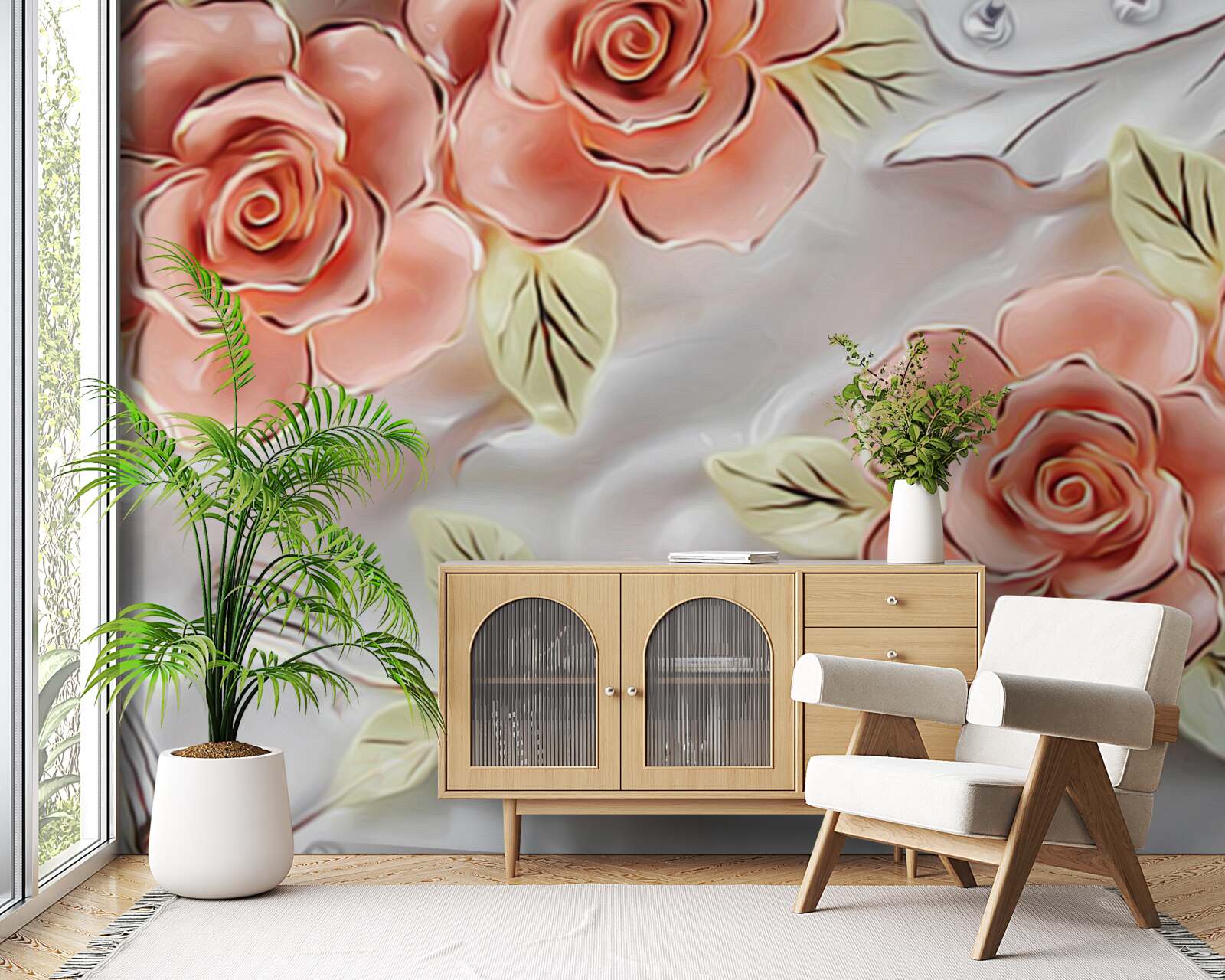 Fototapeta różowe róże z zielonymi liśćmi