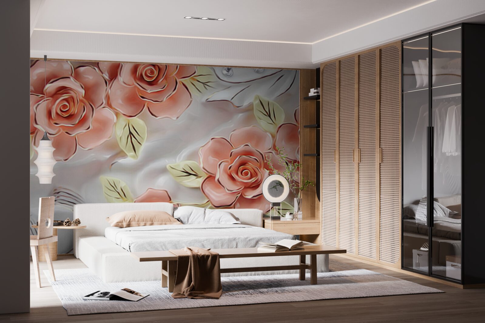 Fototapeta różowe róże z zielonymi liśćmi