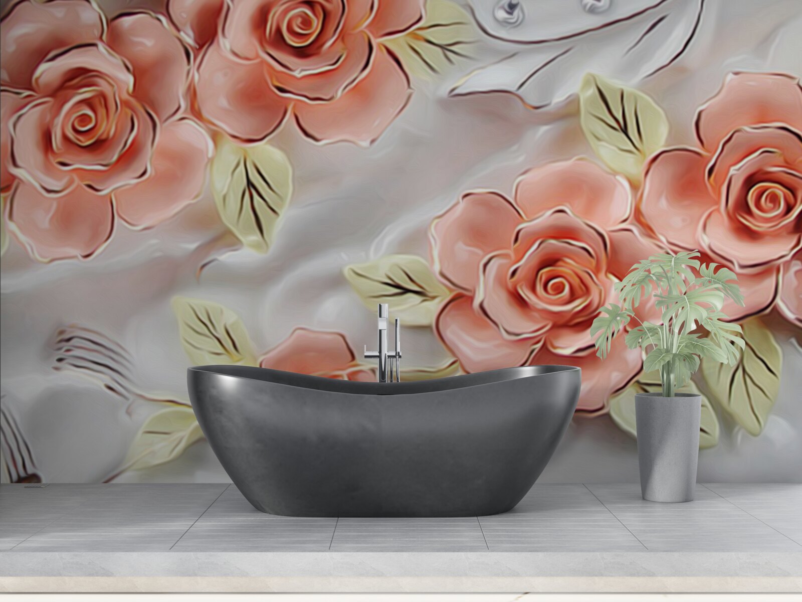 Fototapeta różowe róże z zielonymi liśćmi