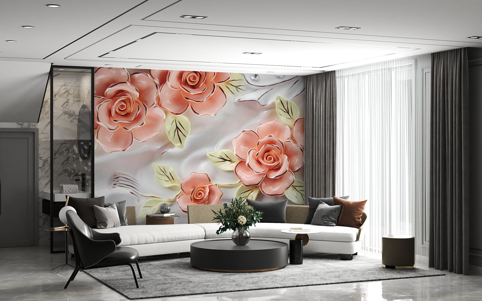 Fototapeta różowe róże z zielonymi liśćmi