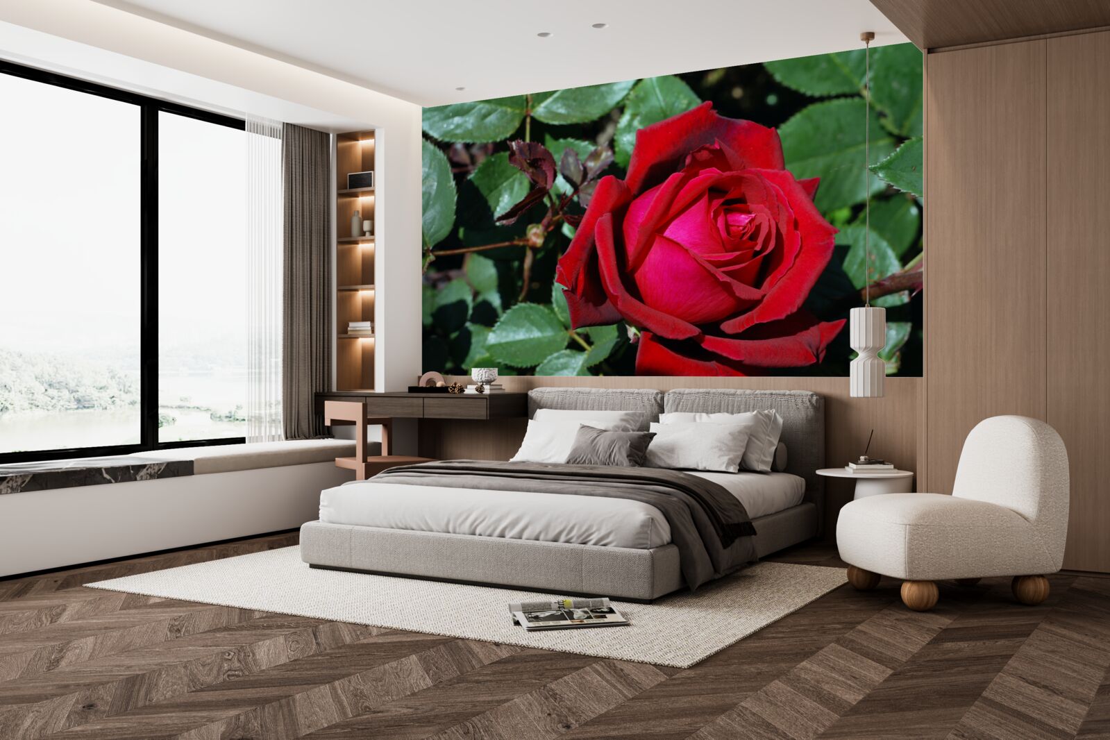 Fototapeta w ogrodzie zakwitła szkarłatna róża