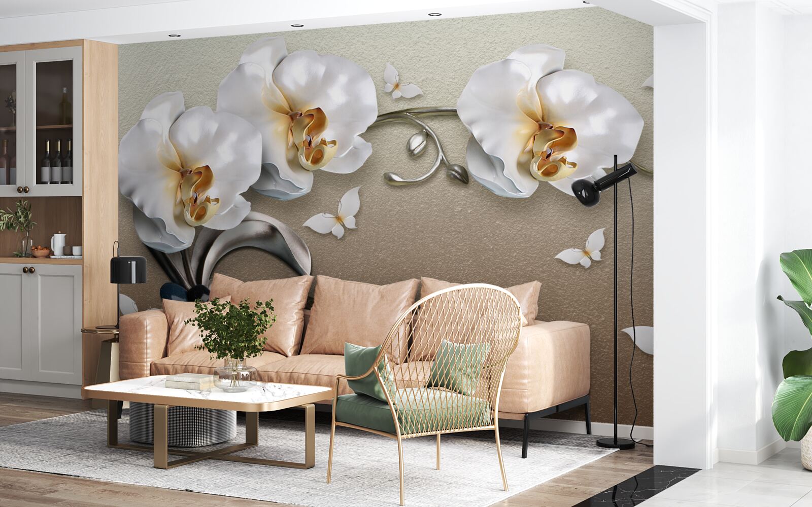 Fototapeta kamienie, śnieżnobiałe kwiaty i motyle