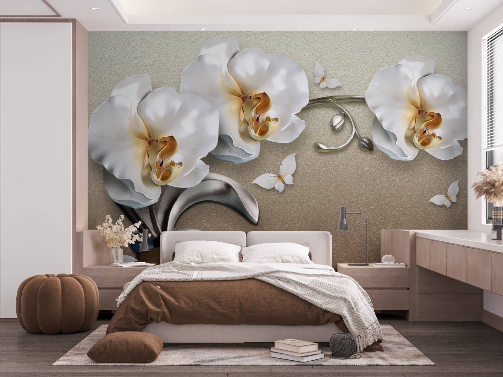 Fototapeta kamienie, śnieżnobiałe kwiaty i motyle