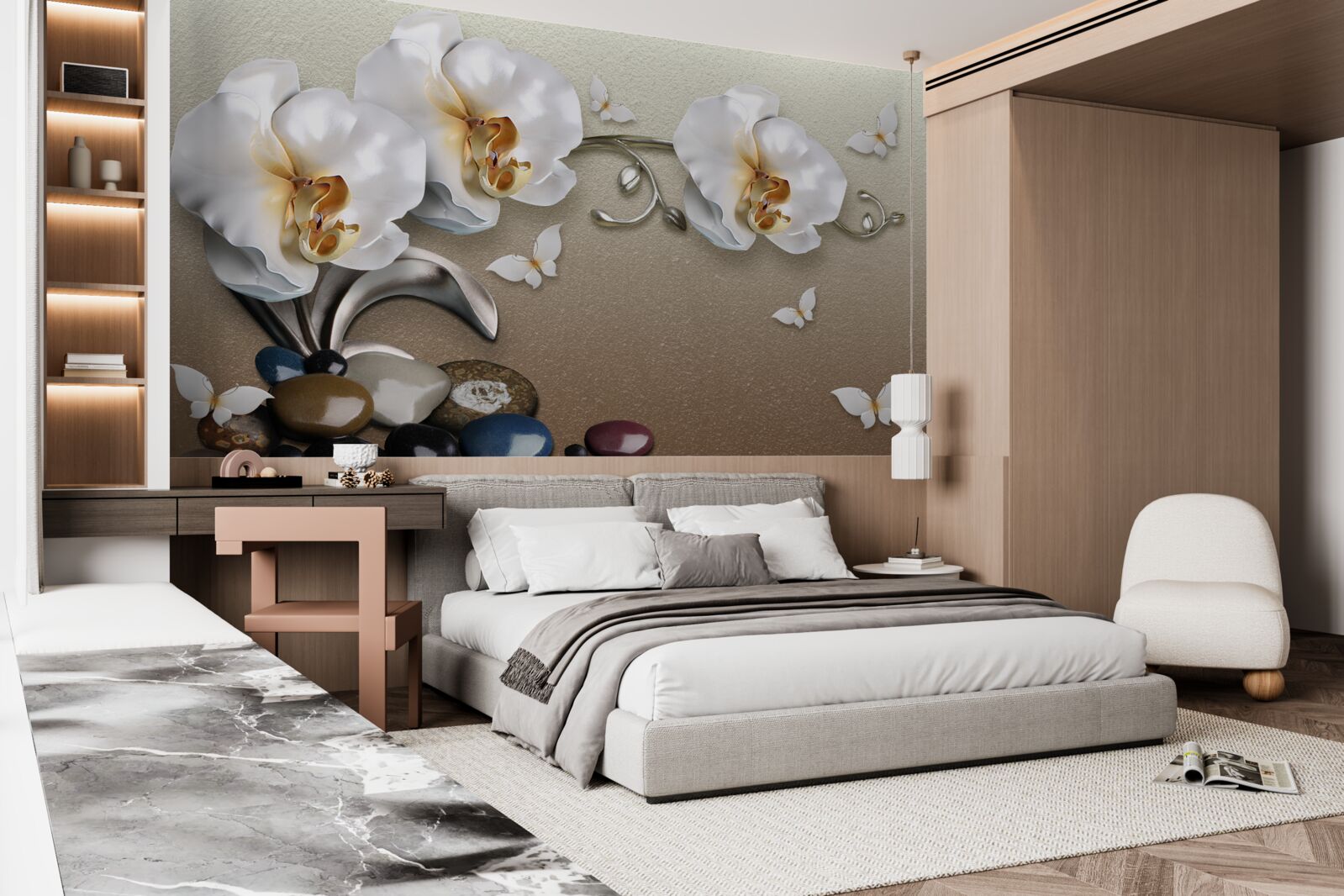 Fototapeta kamienie, śnieżnobiałe kwiaty i motyle