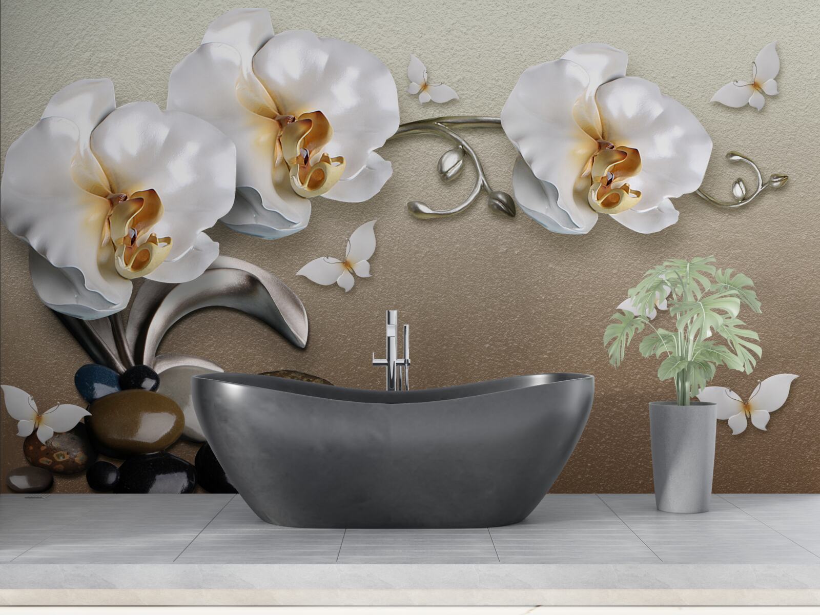 Fototapeta kamienie, śnieżnobiałe kwiaty i motyle