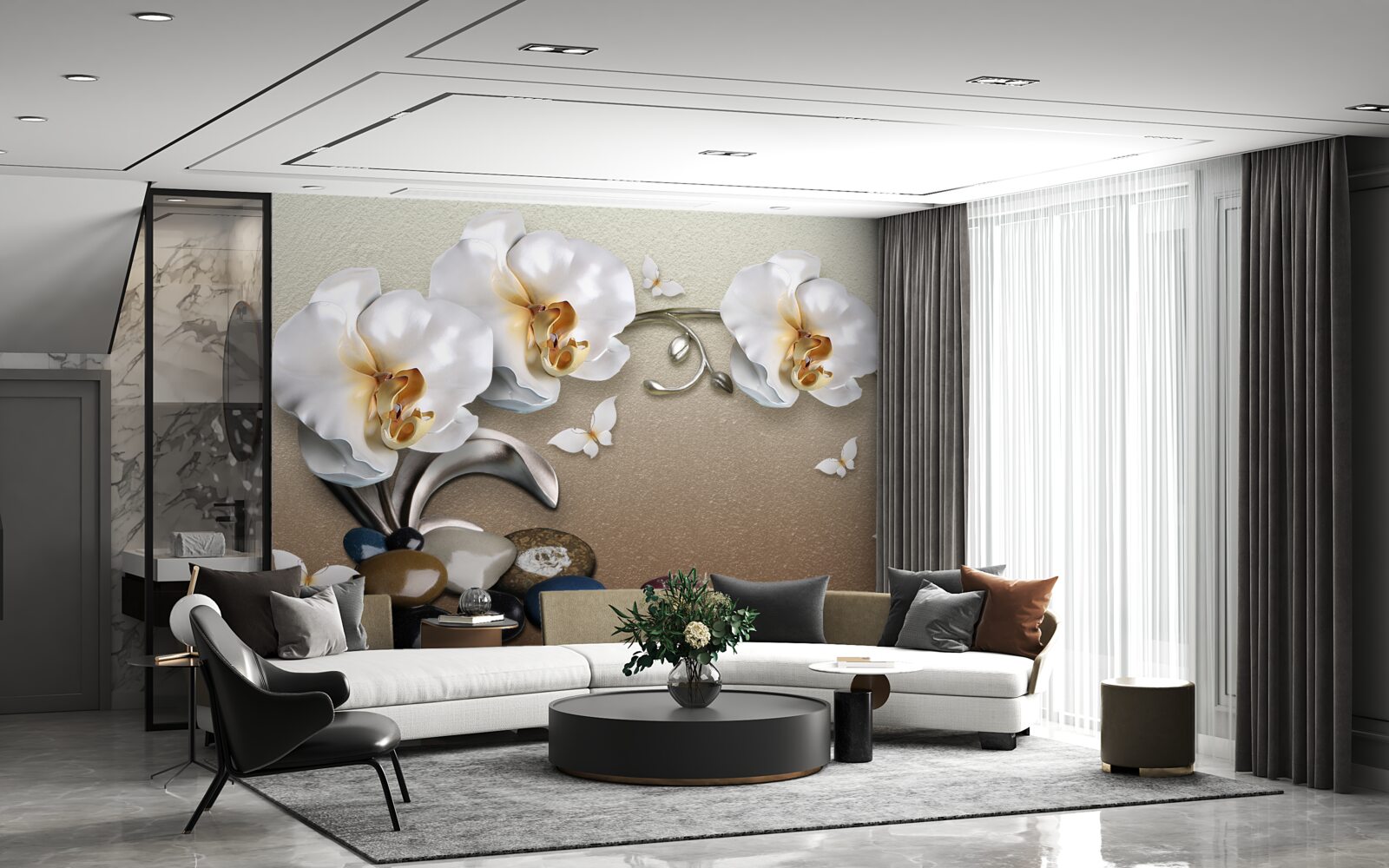 Fototapeta kamienie, śnieżnobiałe kwiaty i motyle