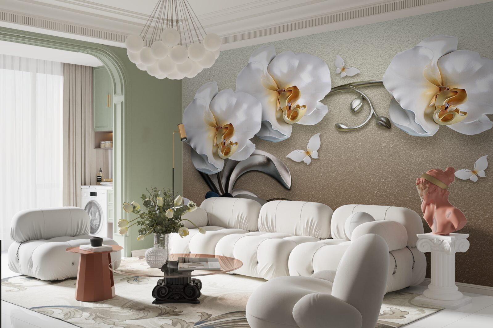 Fototapeta kamienie, śnieżnobiałe kwiaty i motyle