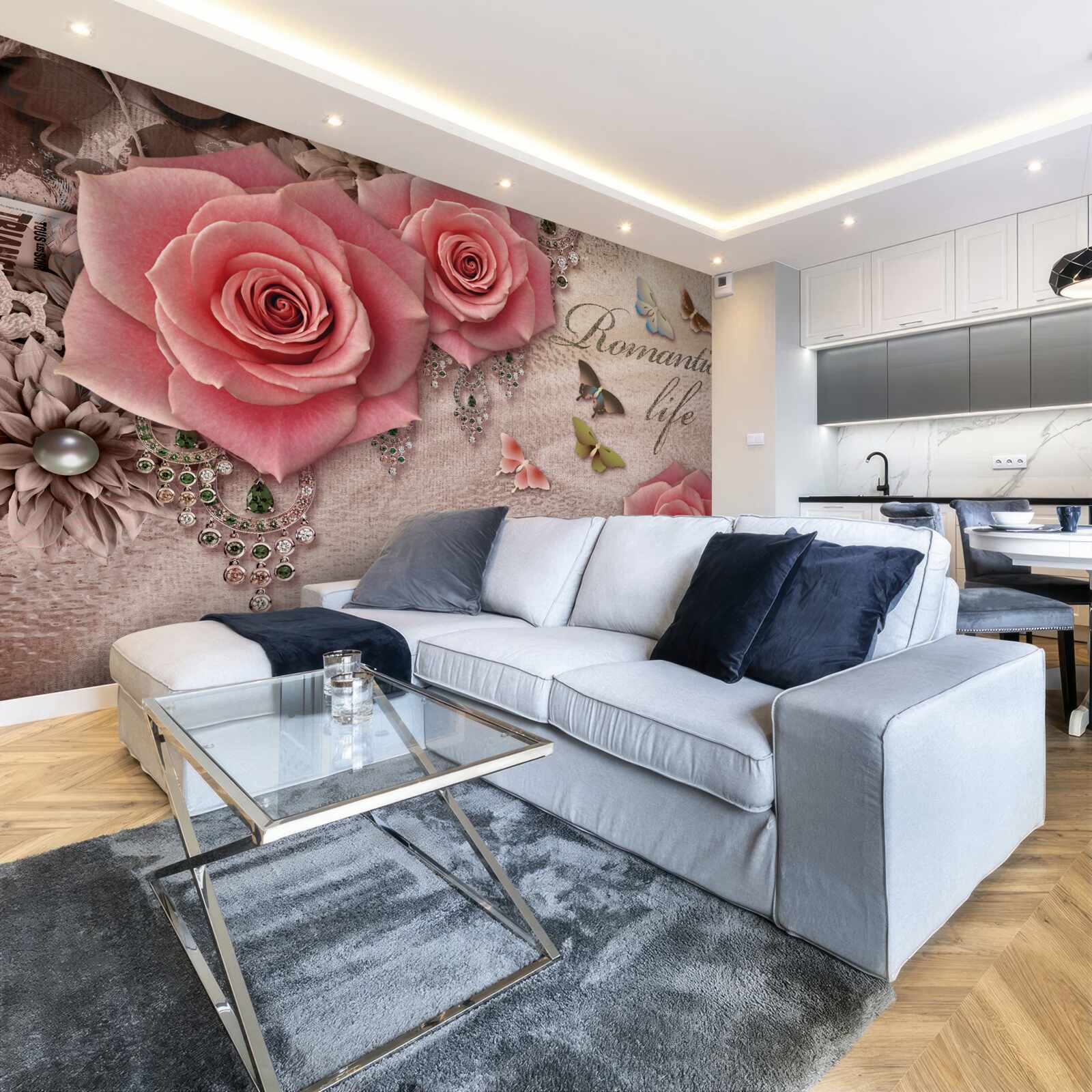 Fototapeta miniaturowe owady latające i duże jasnoróżowe kwiaty