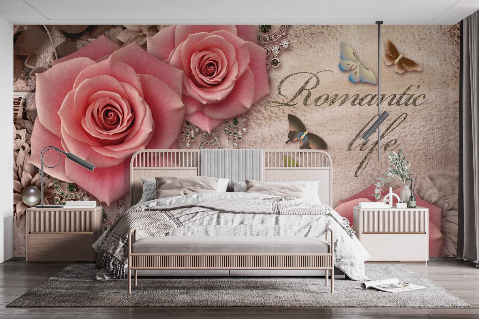 Fototapeta miniaturowe owady latające i duże jasnoróżowe kwiaty