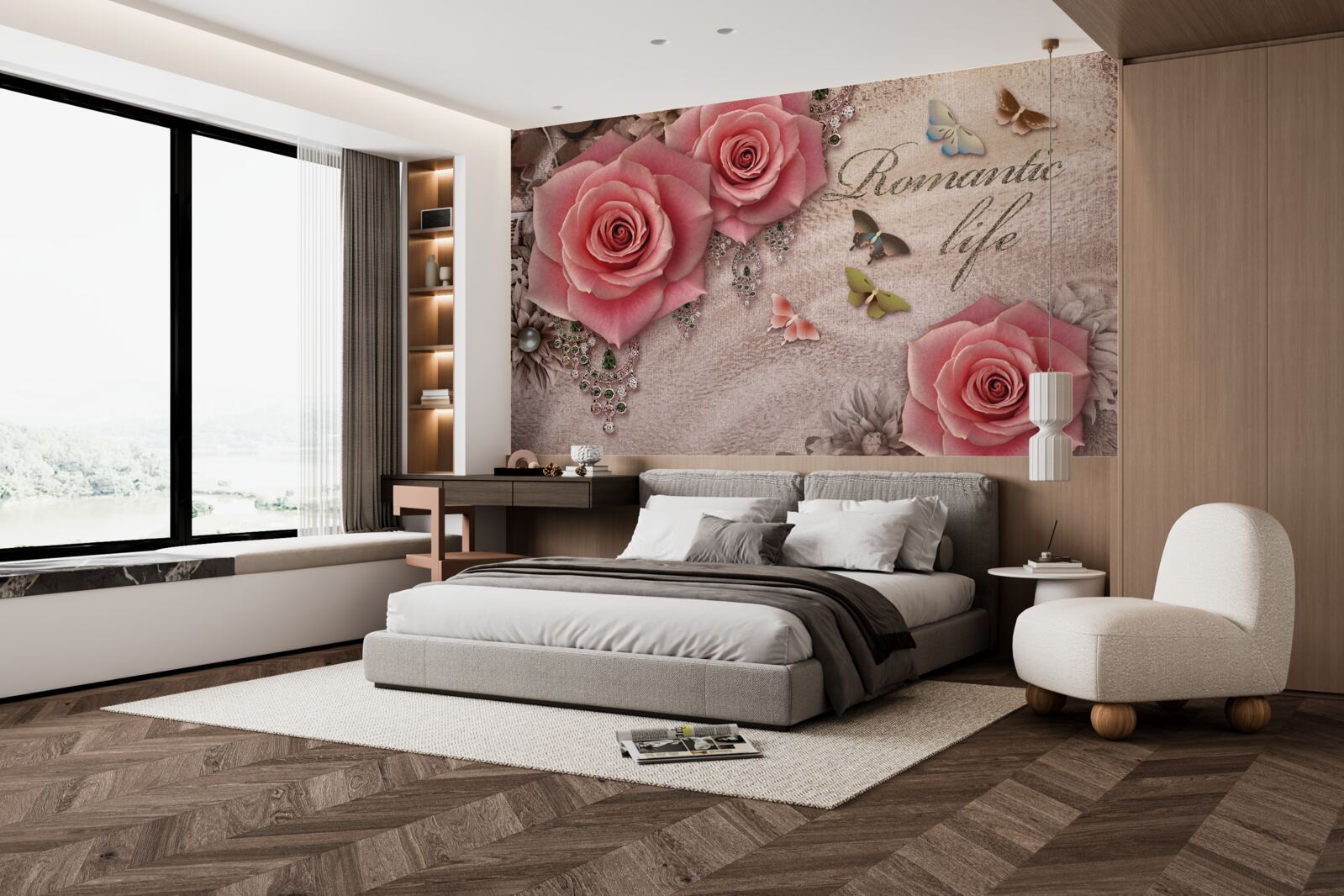 Fototapeta miniaturowe owady latające i duże jasnoróżowe kwiaty