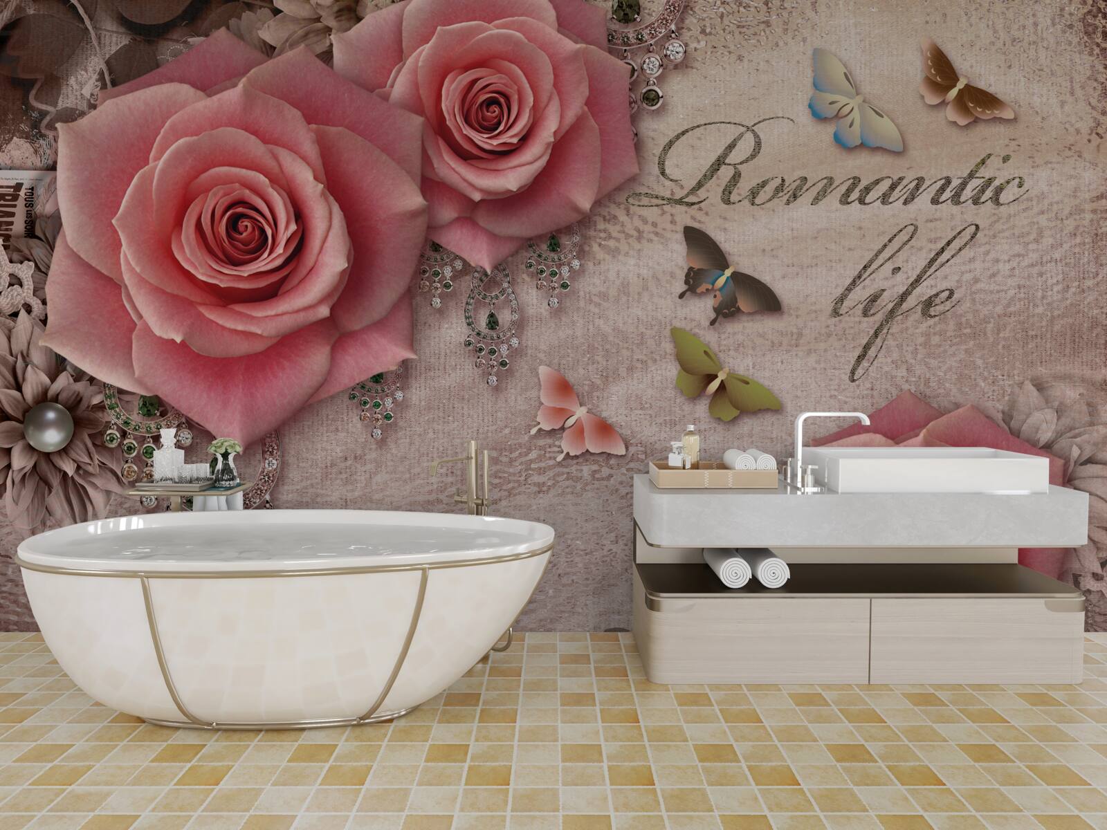 Fototapeta miniaturowe owady latające i duże jasnoróżowe kwiaty