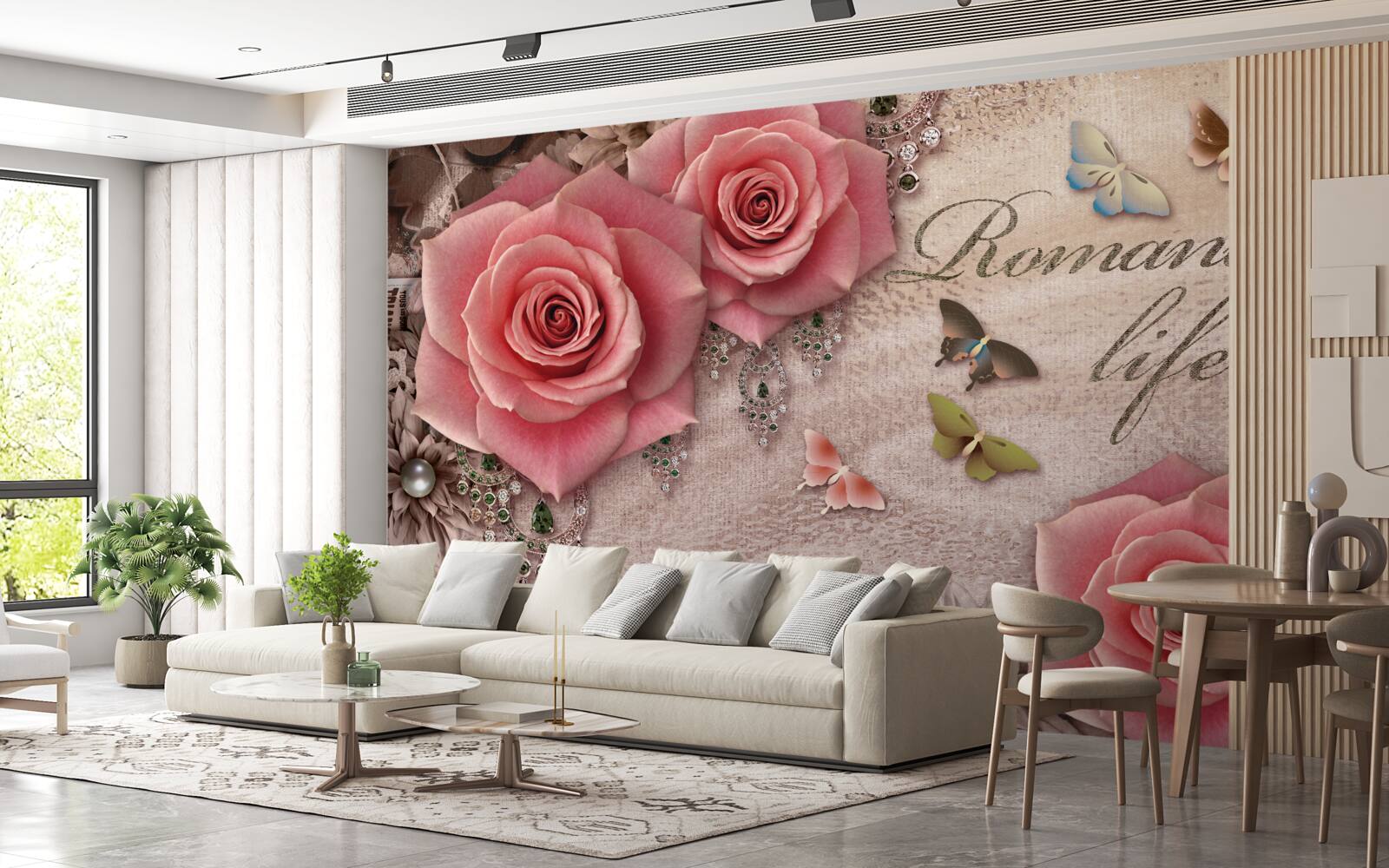 Fototapeta miniaturowe owady latające i duże jasnoróżowe kwiaty