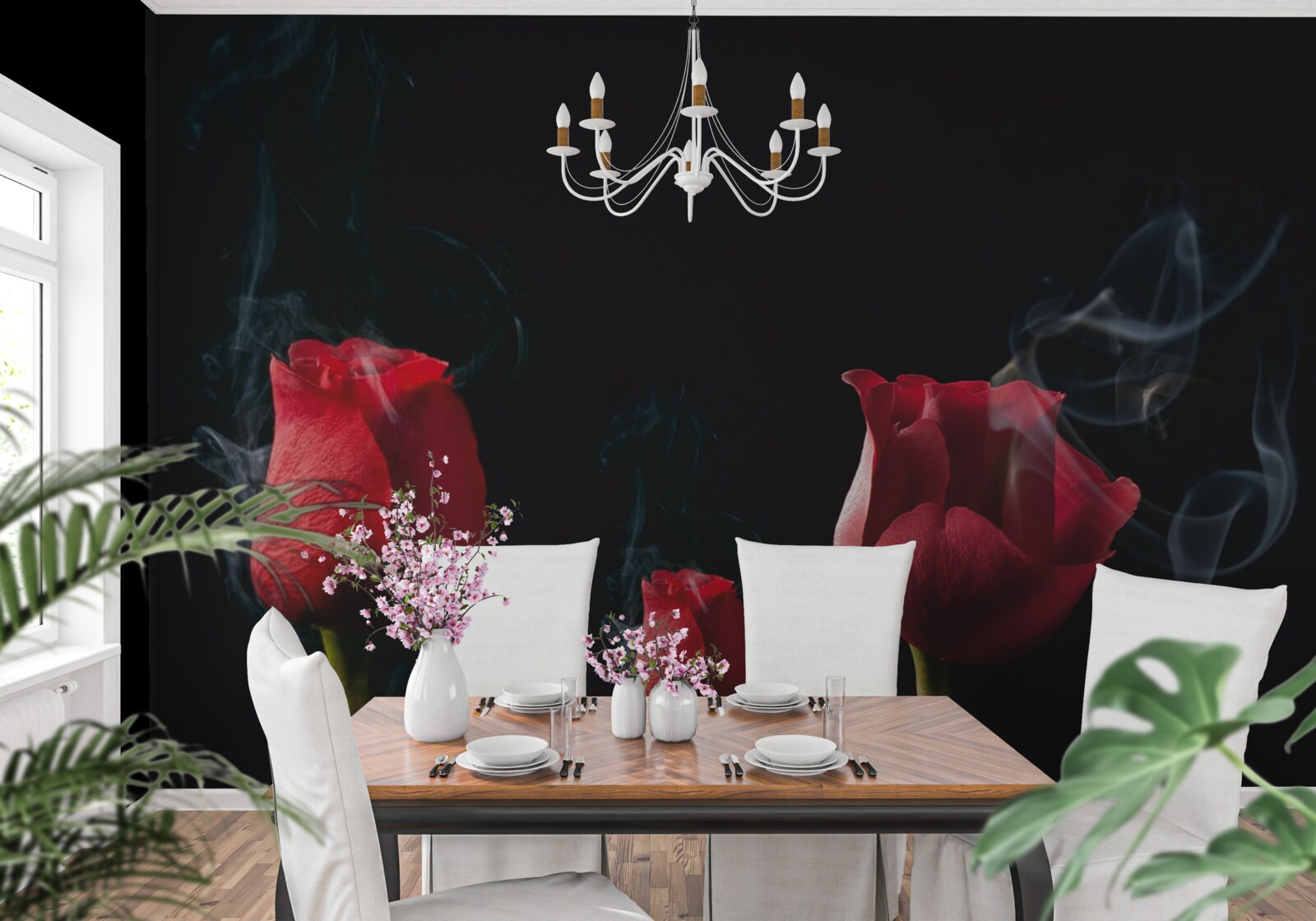 Fototapeta w dymie rozkwita czerwona róża