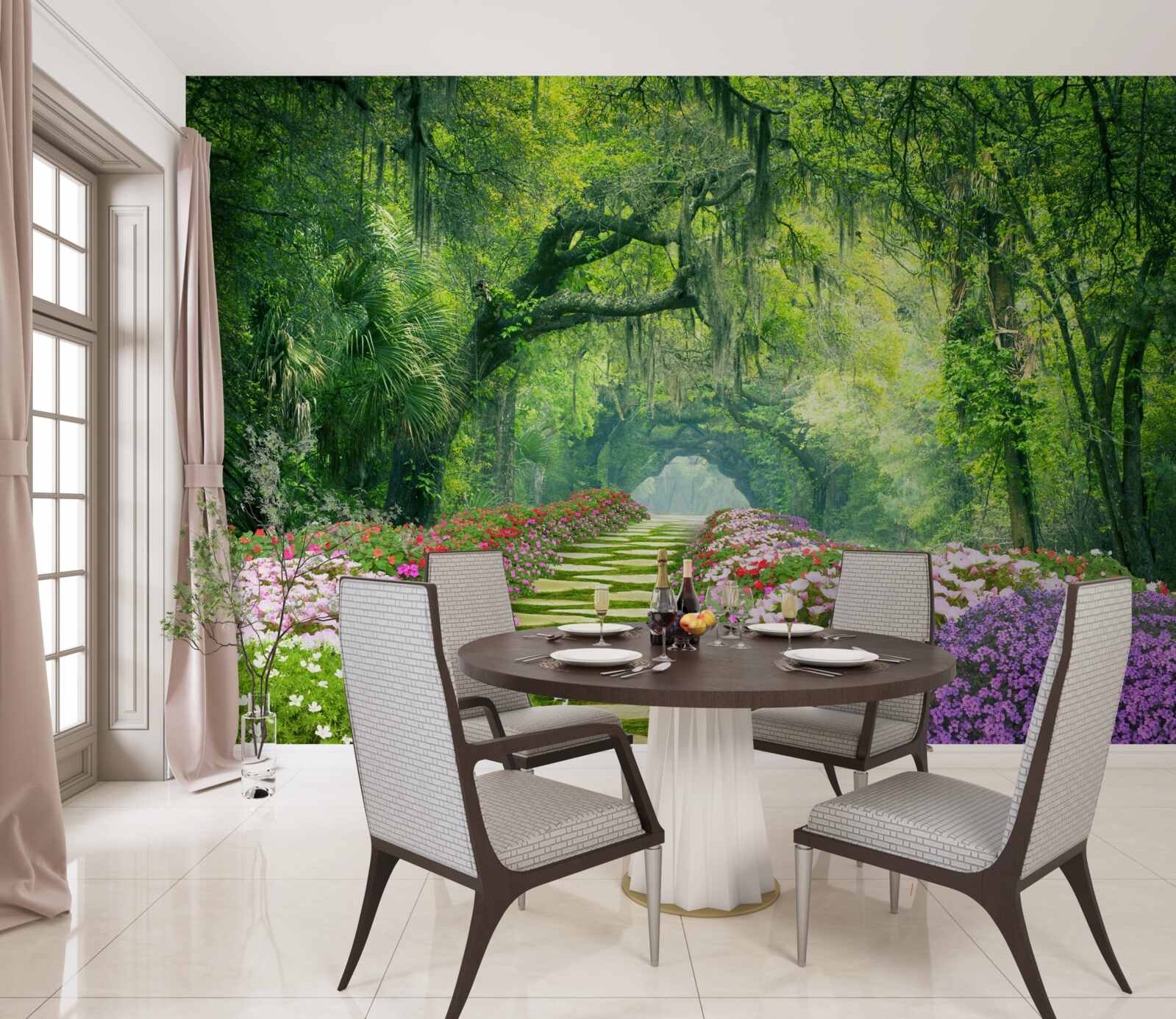 Fototapeta Ścieżka otoczona kwiatami, która prowadzi do zielonej gęstwiny lasu